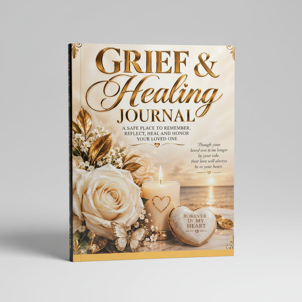 Grief and Healing Journal with ivory rose, candle, butterfly, and gold accents