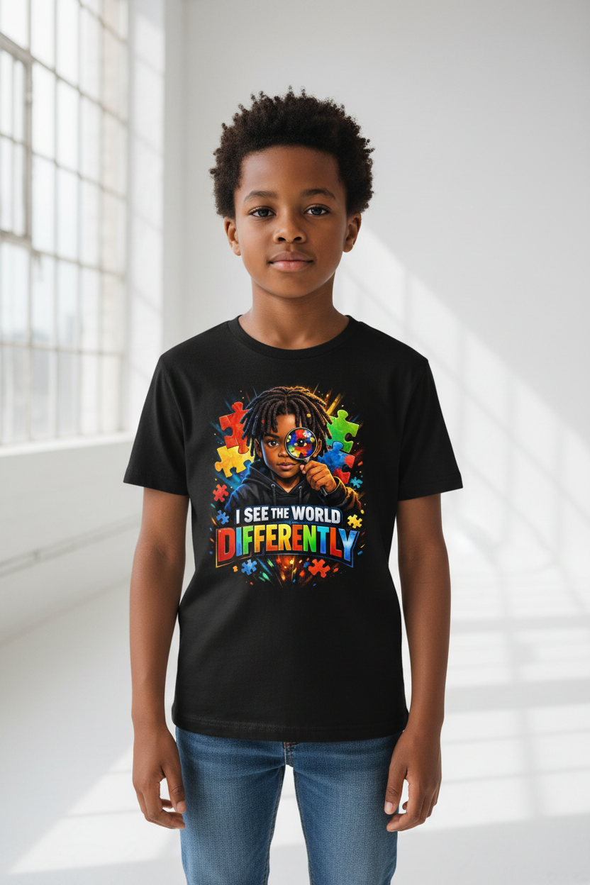 Black I See the World Differently T-Shirt on Child Model