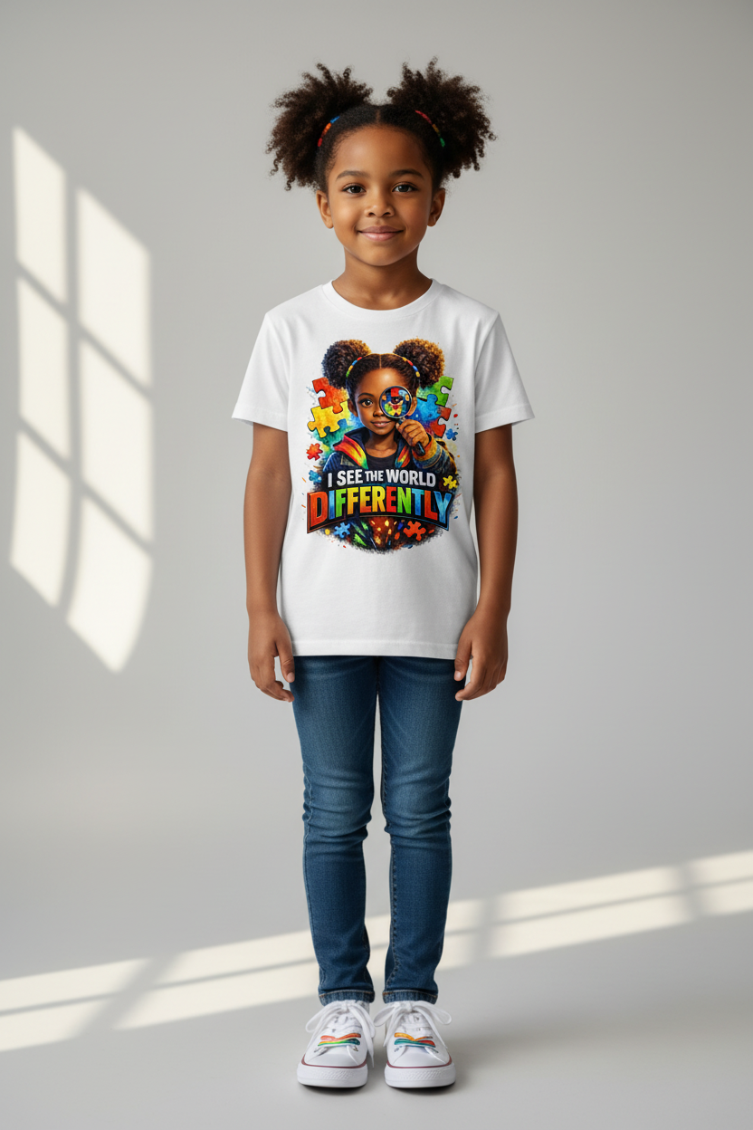 Rainbow I See the World Differently T-Shirt on Child Model
